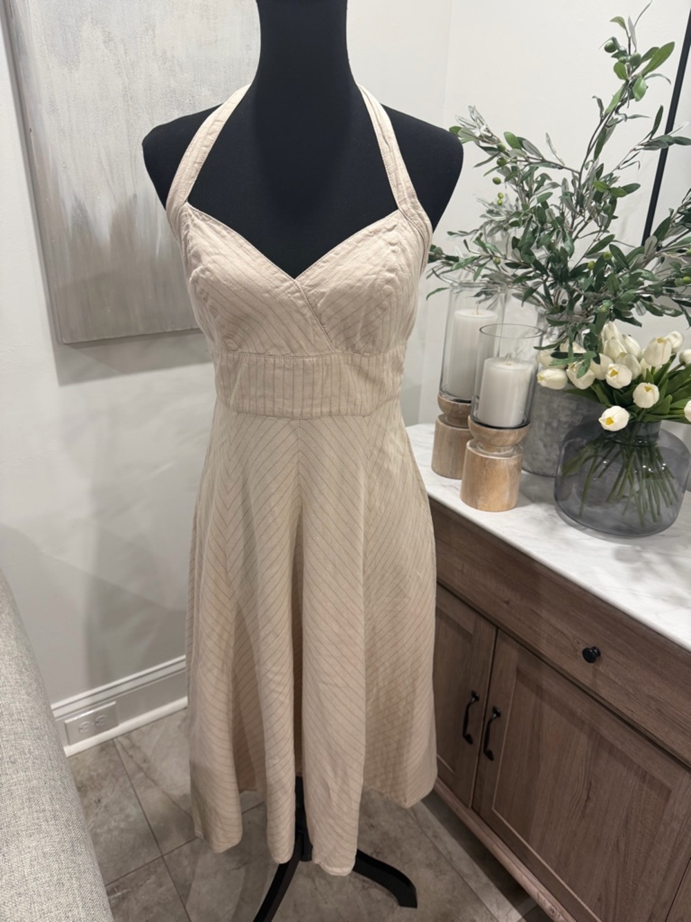 Tommy Hilfiger Cream and Tan Striped Linen Halter Dress